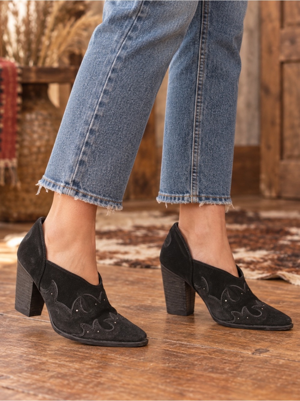 Free People Black Suede Western Cutout Heels Size 9